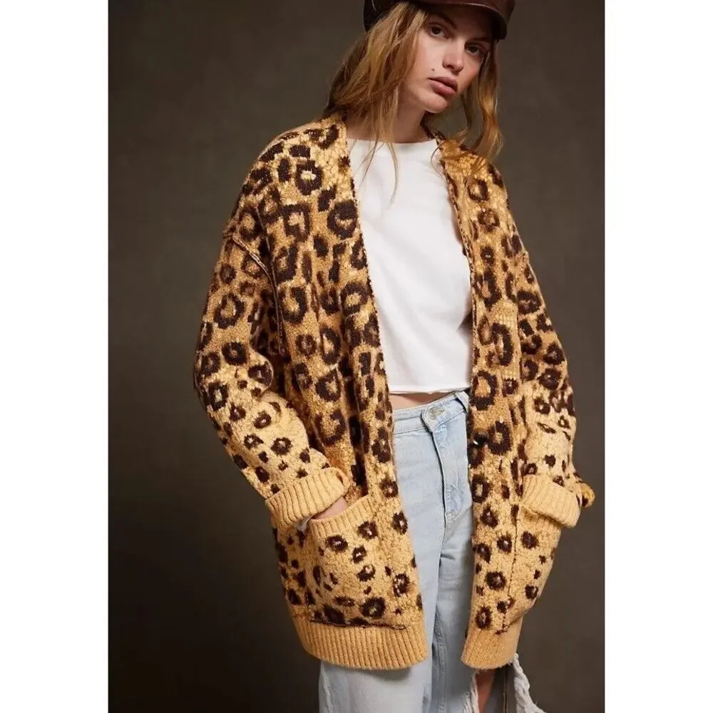 Free People State Side Cardigan Leopard Soft Rib Knit Button Sz:Sm NWT Ret$168. - Picture 2 of 4